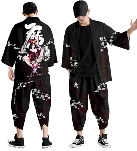 Kimono Set Herren Japanisch Druck 3/4 Ärm Lose Cardigan Jacke und Hose Traditionelle Bademantel Haremshose Samurai Kimono Yukata Kleidung Halloween Cosplay Kostüm Zweiteiliger Sommer Outfits Schwarz