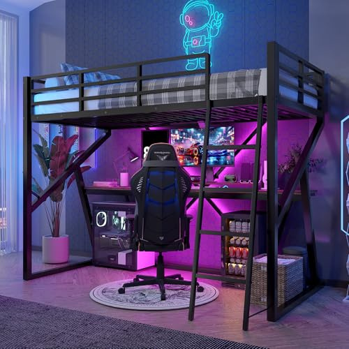 Hochbett Jugendbett 90x200, Kinderbett Etagenbett mit LED-Licht&Schreibtisch&Leiter, Metallbett Funktionsbett Stockbett Spielbett Bettgestell mit Rausfallschutz und Lattenrost, Ohne Matratze, Schwarz
