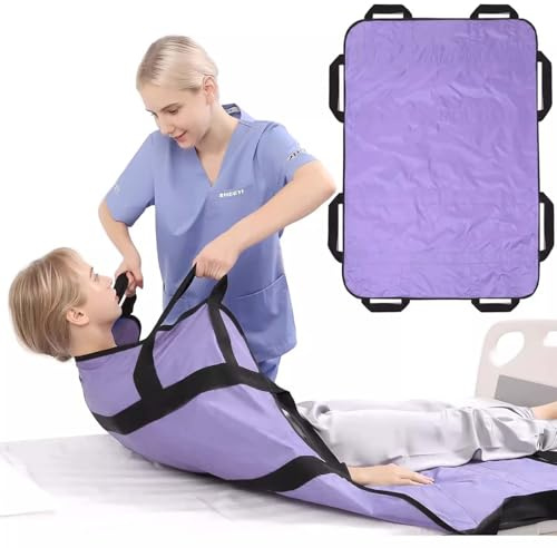 Transferboard für Patientenlifter, Gleittuch für Bettlägerige mit 8 Griffe, Patiententransferbrett 120 x 100 cm, Wiederverwendbar Gleitmatte Pflege, Gleitlaken Patienten Senioren (Lila)