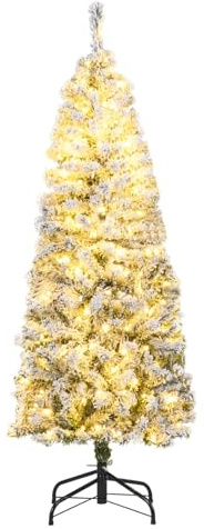 COSTWAY 5ft/6ft Pre-lit Snow Flocked Christmas Tree, Hinged Artificial Slim Pencil Xmas Tree with Lights, Foldable Metal Stand, Holiday Decoration for Home Office Shop (150 cm)