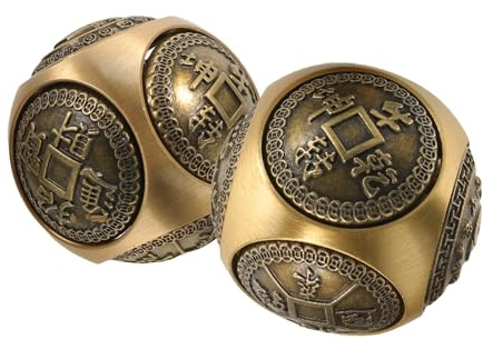 2 Stück Baoding Kugeln aus Messing 36mm, Sechseckig, Handbälle | Handübungsbälle für Therapie und Entspannung, Goldfarben, Dekoratives Design mit Reliefmustern