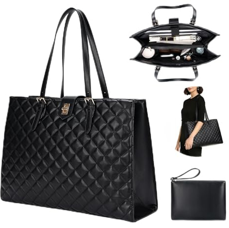 BAGOK Quilted Laptoptasche Damen aus PU Leder, Arbeitstasche Shopper Tote, Lehrertasche Nurse Bag, große Kapazität, passend für Laptops bis zu 14 Zoll, für Büro, Uni und Alltag