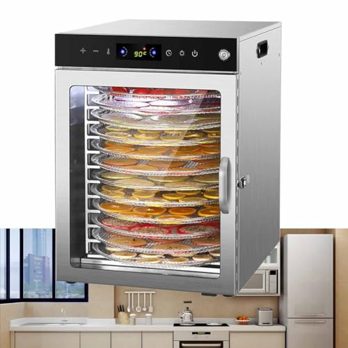 YIGECHENXIN Stainless Steel 12-Tray Commercial Food Dehydrator with Digital Display Electric Vegetables Drying Machine for Fruits, Herbs, Snacks, Nuts 800W,220V
