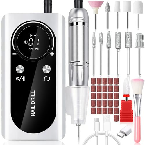 AMCHLEL Torno Para Uñas Profesional 45000 Rpm Lima Eléctrica, Cortauñas Eléctrico con Pantalla LCD, Drill Para Uñas Profesional, Kit Manicura, Adecuado para salón y Hogar