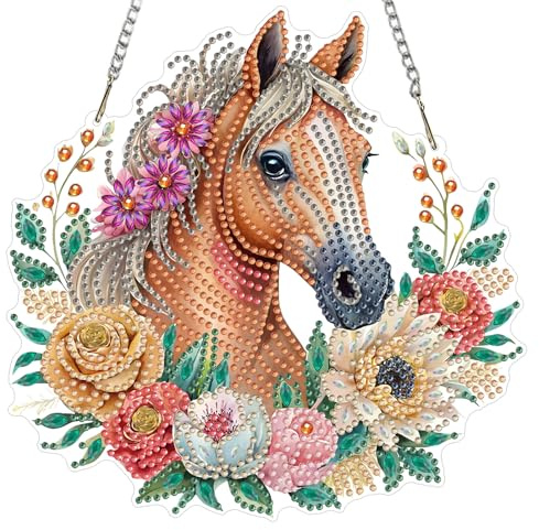 MXJSUA DIY Blumen Pferd Diamond Painting Anhänger mit Kette Erwachsene, Diamant Painting Fensterbilder Hängende Ornament Bastelset Set für Wand Und Eingang Decor 20x20CM