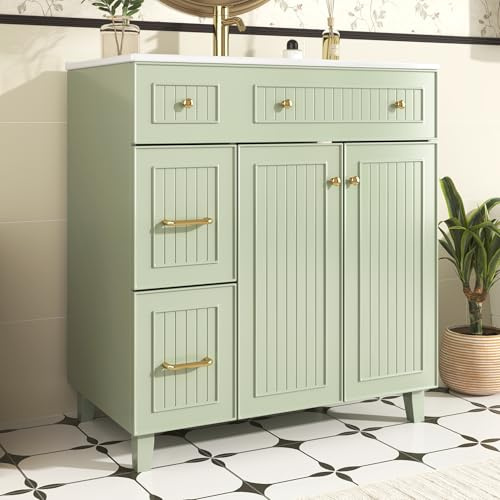 A ALFRESCOOL Mobile sottolavello, mobiletto da bagno, lavabo con mobiletto, superficie verniciata, contenitore multifunzione e piedini in legno massello (verde)