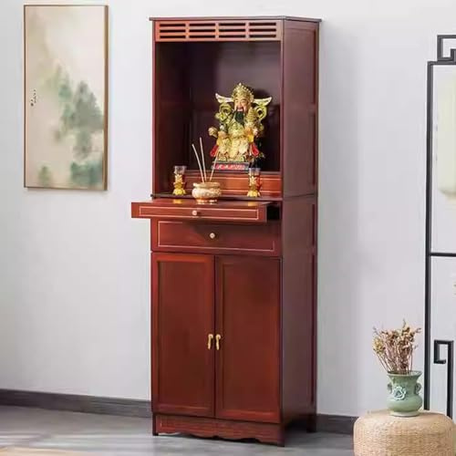 RTTZBOZ Altartisch aus Bambus mit Schublade und Auszugsfach, Altarschrank zur Aufbewahrung, Meditationstisch mit Schranktür, Puja Tisch für Das Wohnzimmer(Red,50cm/20in)