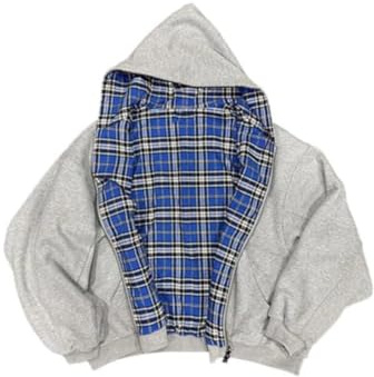 yssgtt Herren Hoodie mit Reißverschluss Reversible Karierte Jacke Y2K Kapuzenpulli Kapuzenjacke