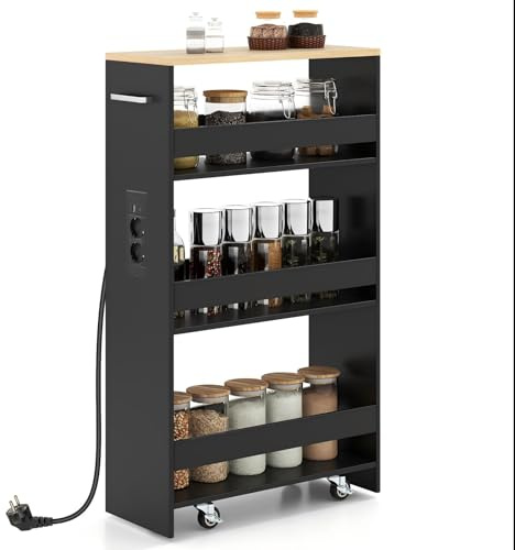 KOMFOTTEU Carro de Cocina de 4 Niveles, Carrito Auxiliar con Estación de Carga, Carrito Estrecho Ahorra Espacio con 4 Ruedas, Mueble de Almacenaje para Baño (Negro y Natural, 47,5 x 20 x 80,5 cm) | Pequeño Postre de Cocina Deslizante, 4 Ruedas Universales, Carro Organizador, 4 Plantas, Ahorro de Espacio