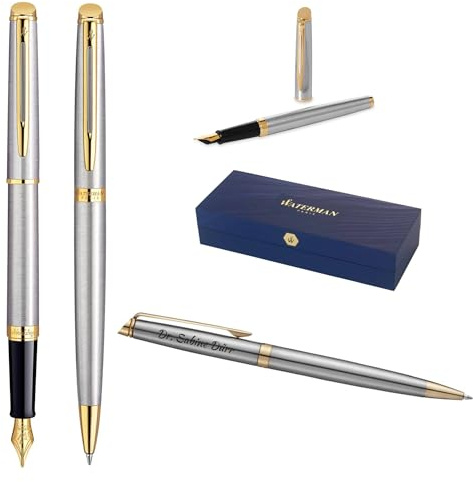 Waterman Hémisphère Füllfederhalter & Kugelschreiber Set mit Gravur – Luxus Schreibset, Personalisierbar als Geschenk für Geburtstags-, Jubiläums- und Weihnachtsgeschenke (Stainless Steel G.T.)