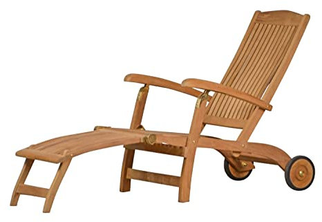 Kai Wiechmann Liegestuhl Holz Teak Deckchair Gartenliege Sonnenliege mit Armlehnen Rollen klappbar Premium