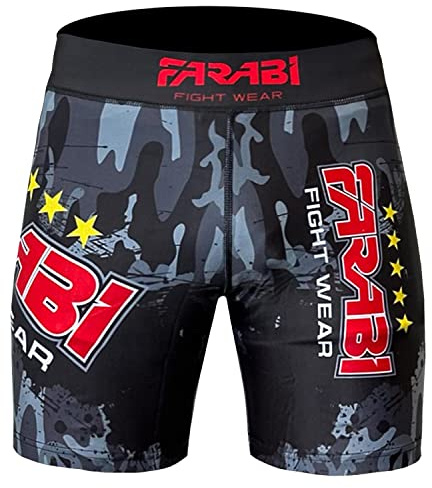 Farabi Compression Short MMA Boxing Kickboxing Muay Thai Mix Martial Arts Cage Fighting Grappling Training Gym wear Clothing Shorts Trunks (Grey/Camo, Small)