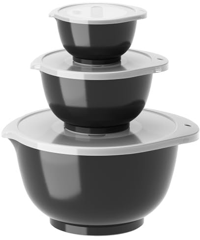 Rosti Margrethe Schüssel Set, Rührschüssel Set, 6-Teilig mit 3 Rührschüsseln und 3 Deckel, Teigschüssel aus Recycelbarem Kunststoff, 0,25 Liter, 0,75 Liter und 3 Liter, Carbon Black (Schwarz)