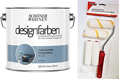 Schöner Wohnen designfarben feinmatte Wandfarbe für innen 2,5 Liter mit go/on Rollen-Set 5-tlg (Nr 22 Inspirierendes Horizontblau)