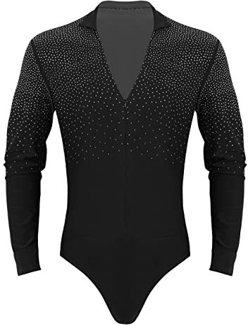iiniim Herren Body Overall V-Ausschnitt Langarmshirt Unterhemd Tops mit Strass Tanzbody Ballerina Latein Eiskunstlauf Tanzkleidung Schwarz L