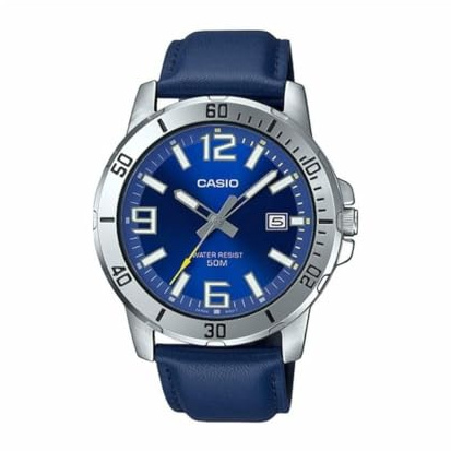 Casio MTP-VD01L-2BV mäns Enticer blått läderband blå urtavla vardaglig analog sportig klocka, BLÅ, Kvartsurverk