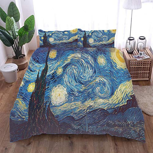 JRfurniture 3 Pezzi Set di Biancheria da Letto,Set Copripiumino Matrimoniale E 2 Federe - Copripiumino Ipoallergenico in Microfibra, 150X200Cm Van Gogh-Fantasy Cielo Stellato