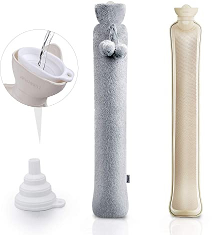 Homewit Lång varmvattenflaska med lock och silikontratt, 2 l stor varmvattenflaska barn utmärkt termoterapi för nacke, axel, kvinnlig buk, säker och hållbar – 73 cm