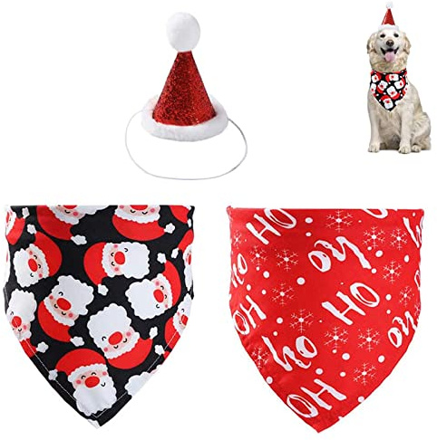 SUOXU Hund Weihnachten Bandana - Dreieck Schal Mit Süßem Festlich Party Hut, 3-teiliges Outfit, Geschenk und Dekoration Set (Weihnachtsmann Schneeflocke)