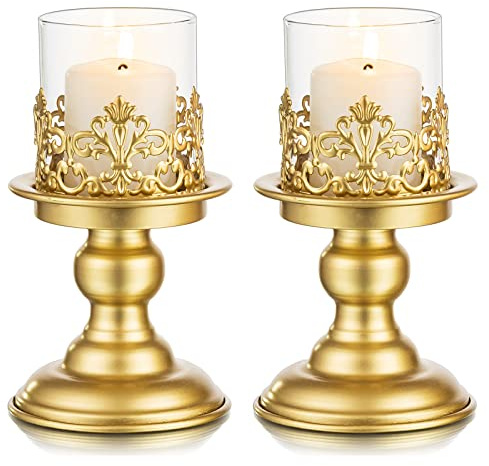 Sziqiqi Kerzenhalter Stumpenkerzen Gold, Modern, 2er-Set je 20,5cm | Metall-Kerzenständer mit Glaszylinder und Eleganten Durchbruchmuster, für Esstisch, Wohnzimmer, Kamin, Weihnachten, Hochzeit