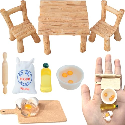 Wichteltür Zubehör, Miniatur Wichtel Zubehör 1/12 Miniatur Puppenhaus Eier Nudelholz Küche Backen Set, Mini Wichtelhaus Tisch und Stühle, Weihnachtswichtel Zubehör, Puppenhaus Mini Möbel