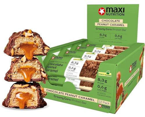 MaxiNutrition Vegan Creamy Core Bar Chocolate Peanut Caramel 12x45g - veganer Protein Riegel, 18% Eiweiß, 8,3g je Riegel, low Sugar (0,9g), ohne Zuckerzusatz, ohne künstliche Aromen