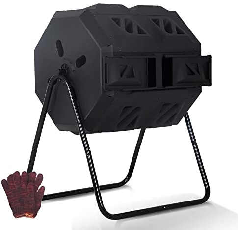 Compost Bin Outdoor Tumbler Compost Dual Chamber 43 Gallon Capacity BPA Free Rotating Batch Composting Tumbler with Sliding Doors All Season Composter for Garden Yard Black