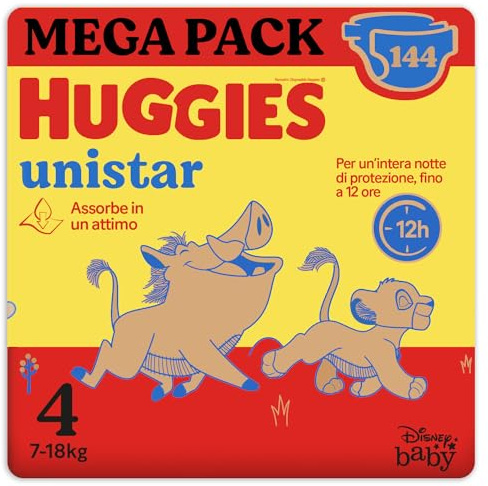 Huggies Unistar, Pannolini Taglia 4 (7-18 Kg), Design Disney, Pacco Scorta, 144 Pz