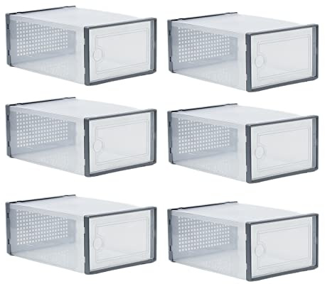 sports flyfree Shoe Box, 6pcs Clear Stackable Shoe Storage Boxes Plastic Shoe Organizer, Breathabl & Foldable Stackable Shoe Box, Grey