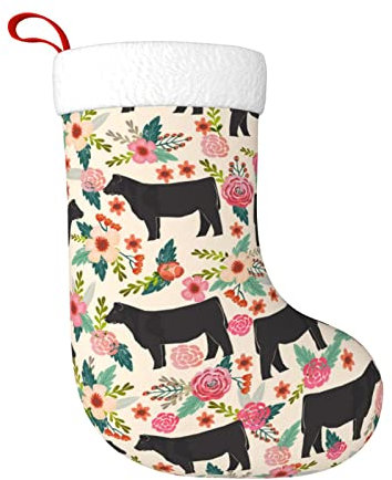 OPSREY Weihnachtsstrumpf mit rosa Blumenmotiv und Kühen und Rindern, 45 cm, mit weißem Plüschrand