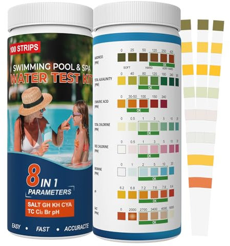 8IN1 Pool Teststreifen for Whirlpool,Spa,100 Stück Wassertest-Set Genauer Chemischer Tester Pool Tester für Salz,Brom, Gesamtalkalität, pH-Wert, freies Chlor, Gesamthärte, Cyanursäure (8IN1) (8IN1)