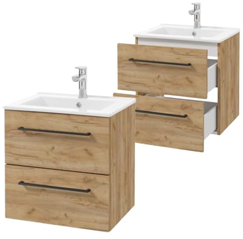 Deftrans Domodomo Armadietto Bagno con Lavabo - Set Base 50 x 50 x 46,5 cm in Rovere - Pensile per Bagno in Ceramica