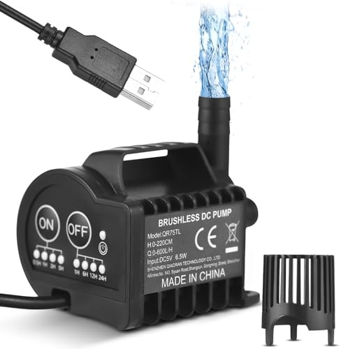 Irishom Mini-Wasserpumpe, 5 V, mit 4-Gang-EIN-/Aus-Zeitsteuerung, Beschleunigungs- und Verzögerungsfunktion, max. Durchfluss 600 l/h, 2,2 m Hub, 2 m USB-Ladekabel und Saugnapfsockel für Tank