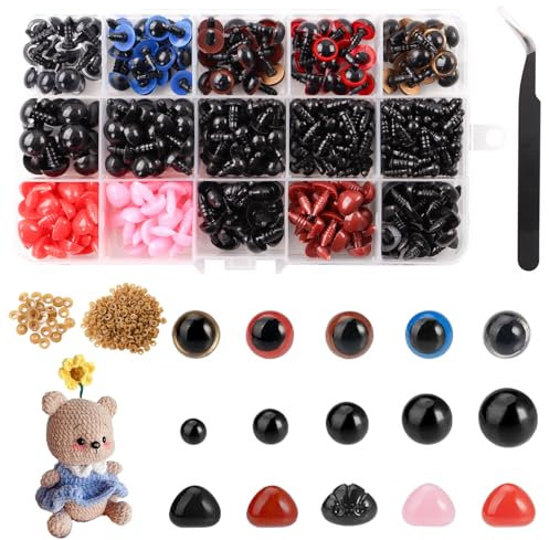 NICKLIN Safety Eyes for Dolls Making 773pcs Crochet Eyes Amigurumi 5-12mm Colorful Glitter Plastic Eyes and Noses with Washers,Round Craft Crochet Doll Eyes for DIY Crochet Knitted Teddy Bear