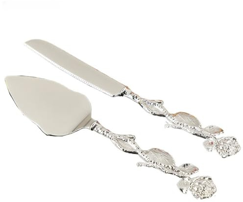 Romantic LOVE Couteau À Gâteau Pelle Serveur Ensemble Gâteau Tarte Et Pâtisserie Serveurs Argenterie Alliage De Zinc Sculpté Rose Poignée Fête De Mariage Thanksgiving Noël (Argenté)