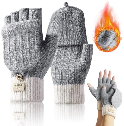 Saier tbo Thermal Fingerless Gloves Winter Warm Knit Half Finger Mittens with Convertible Mitten Cover for Women Girls Running Cycling Driving Skiing Office(Gray)