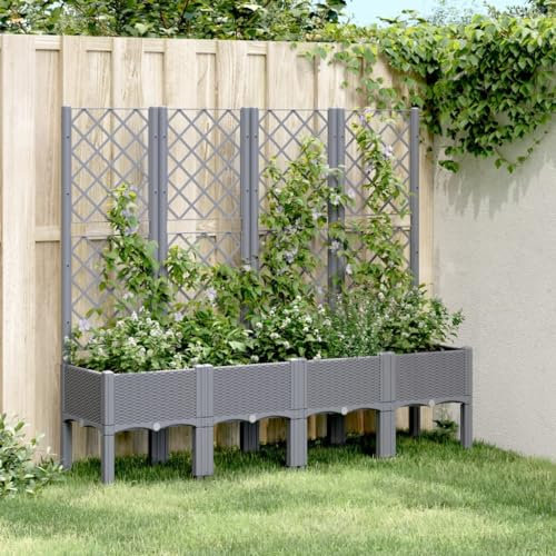 IKAYAA Jardinera con Enrejado PP Jardinera con Celosía Macetero con Soporte para Flores Plantas en Exterior Terraza Jardín Balcón 160 x 40 x 142 cm Gris