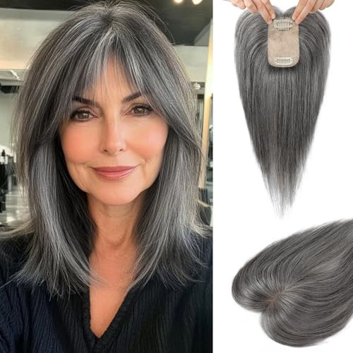 Flufymooz Real Human Hair Toppers for women Echthaar-Topper für Frauen, 26 cm Clip-in-Pony, 100% Echthaar-Topper für dünner werdendes Haarteil, Seidenbasis-Silbergrau mit Braun gemischt