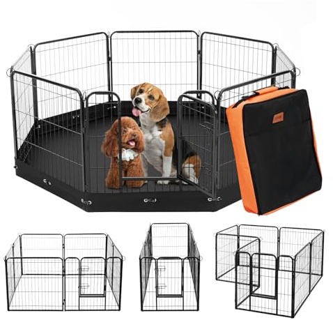 VEVOR Recinto per Cani, 8 Pezzi 610 x 610 mm Recinto per Animali Domestici per Interni Esterni con Porta, Pannelli Pieghevoli in Metallo per Esercizi per Animali Domestici, Borsa Portaoggetti, Fondo