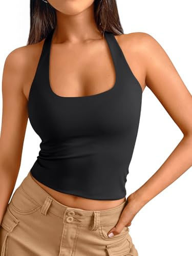 Trendy Queen Halter Tops for Women 2026 Spring Fashion Summer Going Out Tops Backless Crop Sleeveless Workout Shirts Beach Vacation Outfits Casual Cute Y2k Clothes Black