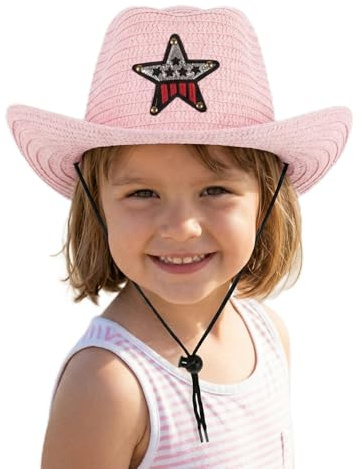 JOINPAYA Children Straw Cowboy Hat Woven Sun Hat with Wide Brim for Kids Summer Outdoor Beach Party Protection Pink