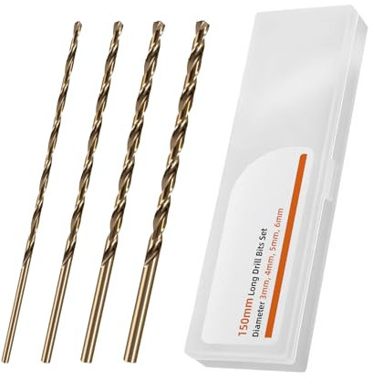 YIJIZE 4pz Punte Trapano Lunghe 150 mm, Diametro 3 mm 4 mm 5 mm 6 mm, Punte Trapano Cobalto Metallo, Per Metallo Duro, Acciaio Inox, Ghisa, Rame, Alluminio, PVC, Plastica, Legno