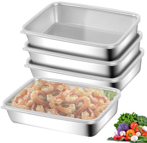 WANDGU 4ps Edelstahl Lebensmittel Aufbewahrungsbox mit Deckel: 25.5 × 20 × 5.5 cm Set mit 4 Aufschnittbox Fresh, Stapelbare Edelstahl-Box für Wurst und käse Fleisch, Geschirrspüler Gefrierschrank