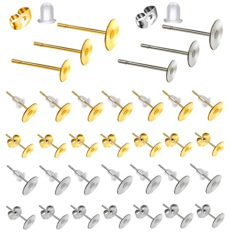 TOAOB 500 Piezas Pendientes de Poste Plano de Acero Inoxidable 3 mm a 5 mm Plata y Oro Con Tuercas de Pendientes de Mariposa y Cierres de Silicona Transparente para Accesorios de Joyería