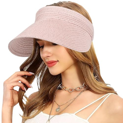Mayoii Straw Visor Hat Women Sun Visor Hat Rollable Ladies Wide Brim Straw Foldable Summer Topless Sunhats for Womens Adjustable Beach Cap