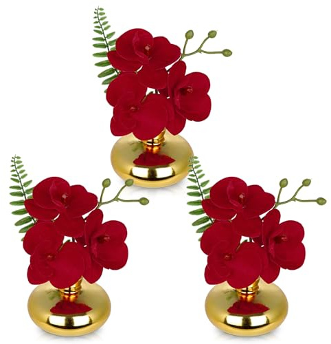 Briful 3er Set Kunstblumen Künstliche Orchideen Kunstblumen Wie Echt Rote Dekoblumen mit Golden Glasvase Bad Deko Kunstpflanze für Wohnzimmer Party Büro Badzimmer