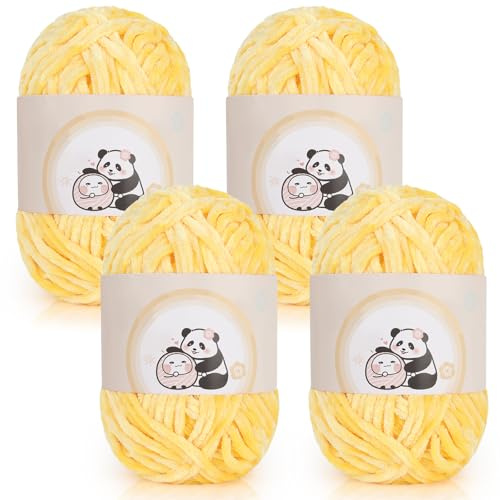 Aeelike 400g(4x100g) Warme Chenille Wolle zum Häkeln, Flauschige Dicke Garn zum Handstricken, Samt Velvet Babywolle zum Stricken, Weich Plüschwolle für Amigurumis Babydecke, Gelb