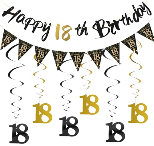 2 Stück Geburtstagsdeko Set für 18 Geburtstag Deko Rationen, 18. geburtstag Banner Girlande Wimpelkette, Happy 18th Birthday Geburtstagsbanner, für Junge Mädchen Geburtstagsdeko Schwarz und Gold