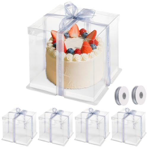 KEILEOHO 5 Stück 21,5 x 21,5 x 24cm Transparente Tortenbox, Tortenschachtel Durchsichtig Geschenkbox mit Sockel und Band, Kuchenschachtel Kuchenbox Wiederverwendbar für Hochzeiten, Geburtstage, Feiern