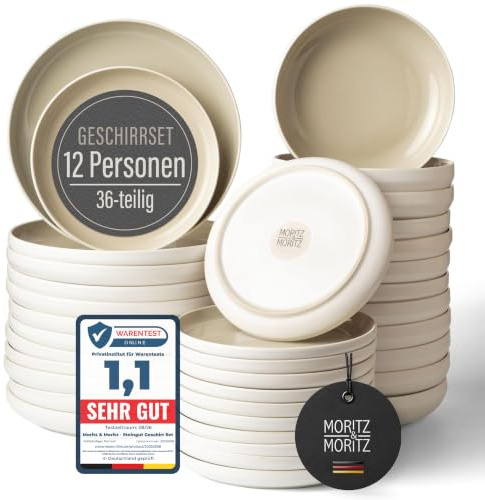 Moritz & Moritz Steingut Geschirrset 12 Personen 36-tlg. - Modernes Tafelservice in der Farbe Sand - Pflegeleichtes Kombiservice mit Teller Set & Schüsseln - Geschirr der Serie Cavo